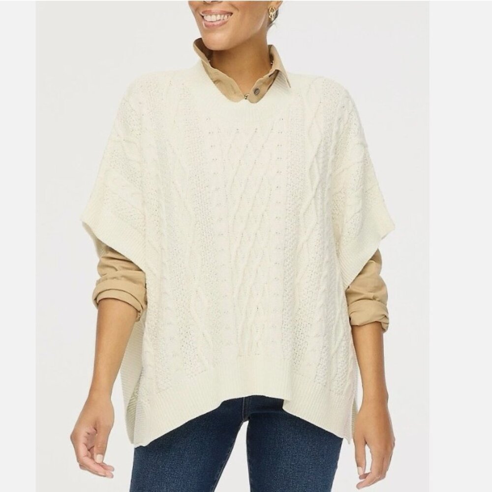 J. Crew Factory Fisherman Cable Knit Poncho Ivory One Size Flawed